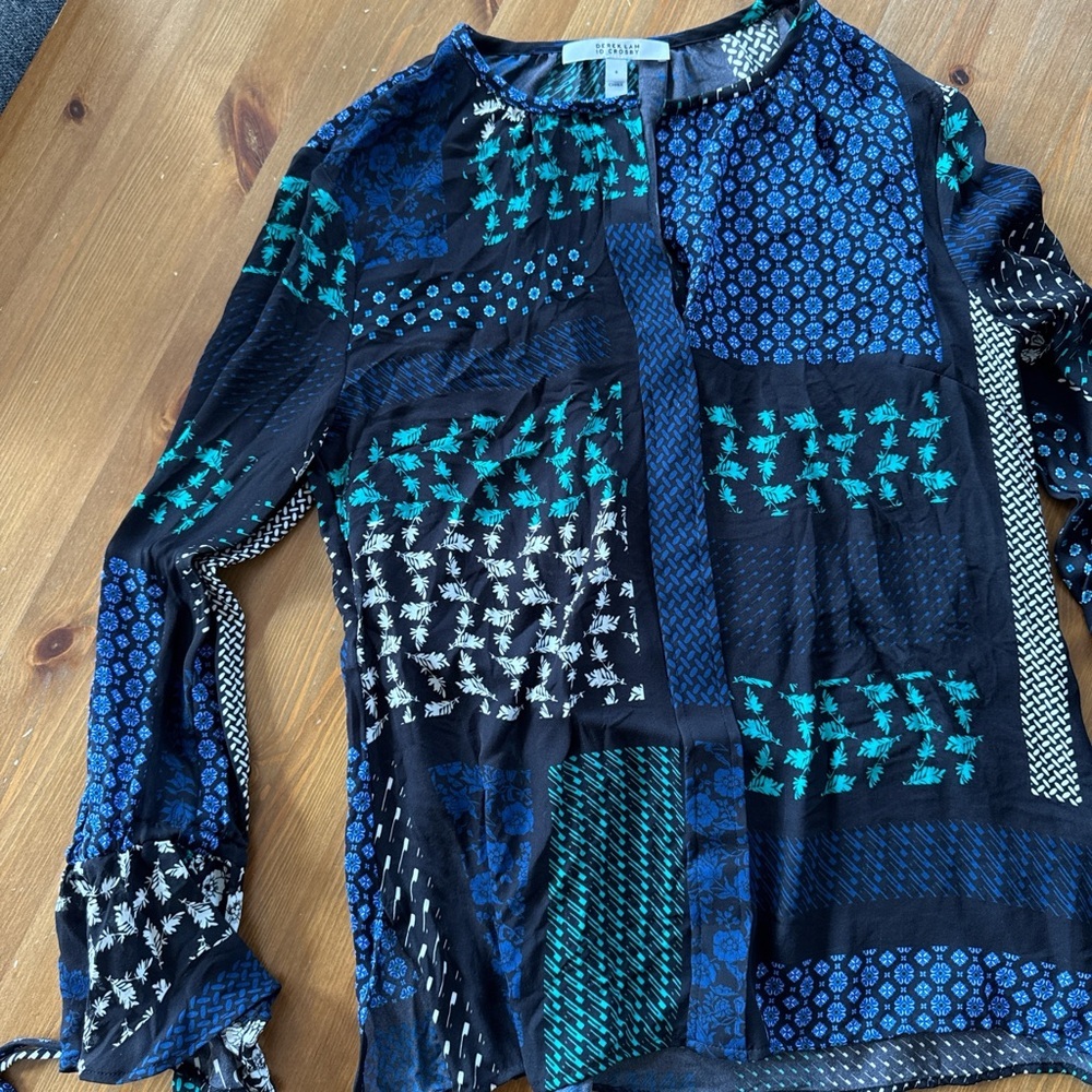 Derek Lam Patchwork Boho Blouse Top Blue and Black - image 3